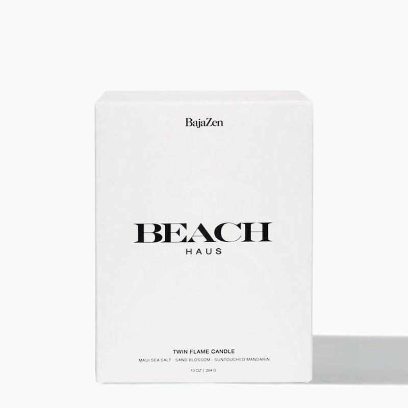 Baja Zen Beach Haus candle packaging on a white background
