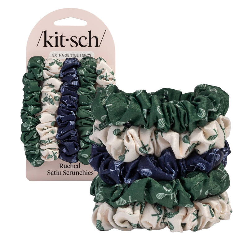 KITSCH | Cream, Court Green & Navy Blue Ruched Satin Scrunchies 5pc Set