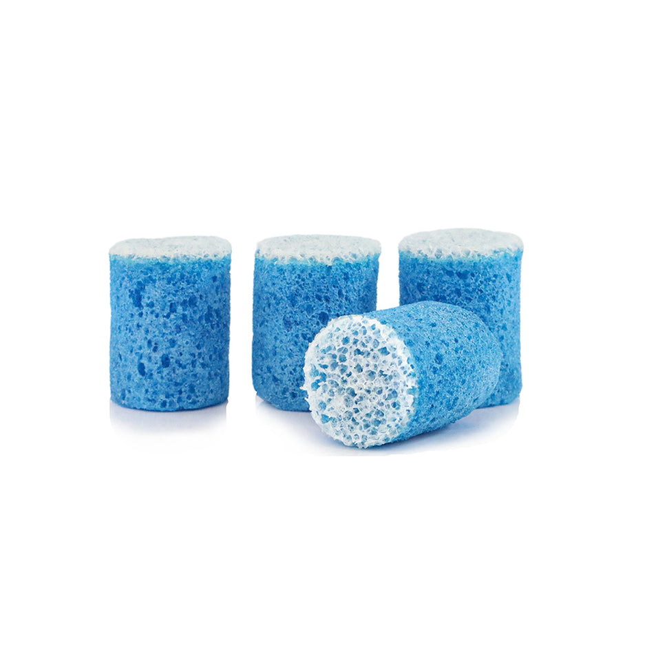 Blue cylindrical foot buffer pedicure tools shown with one cut in half to display porous texture