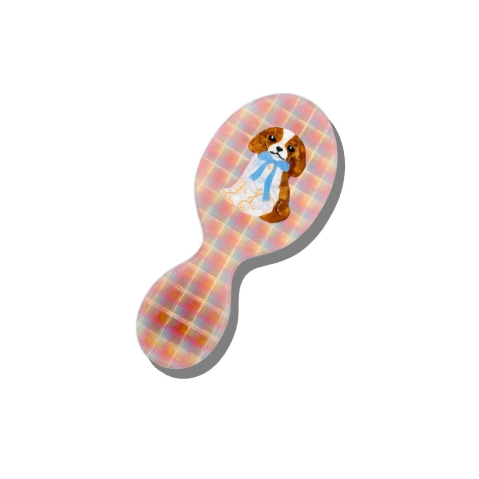 Solar Eclipse hand-painted King Charles puppy handbag hero brush with pink plaid pattern