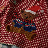 Beary Christmas embroidered tea towel featuring a teddy bear in Santa hat on red gingham background