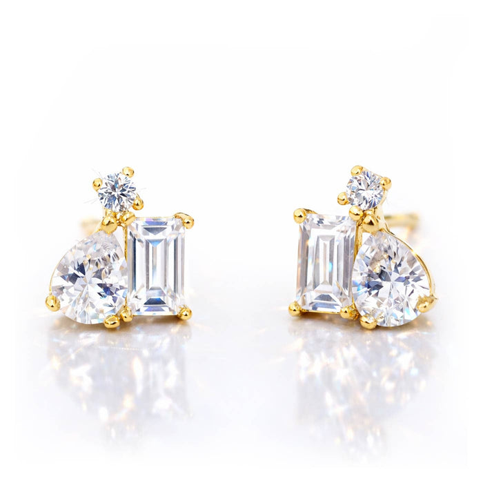 Gold CZ cluster stud earrings with pear, baguette and round cubic zirconia stones