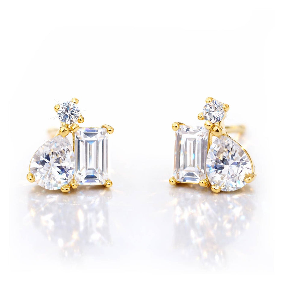 Gold CZ cluster stud earrings with pear, baguette and round cubic zirconia stones