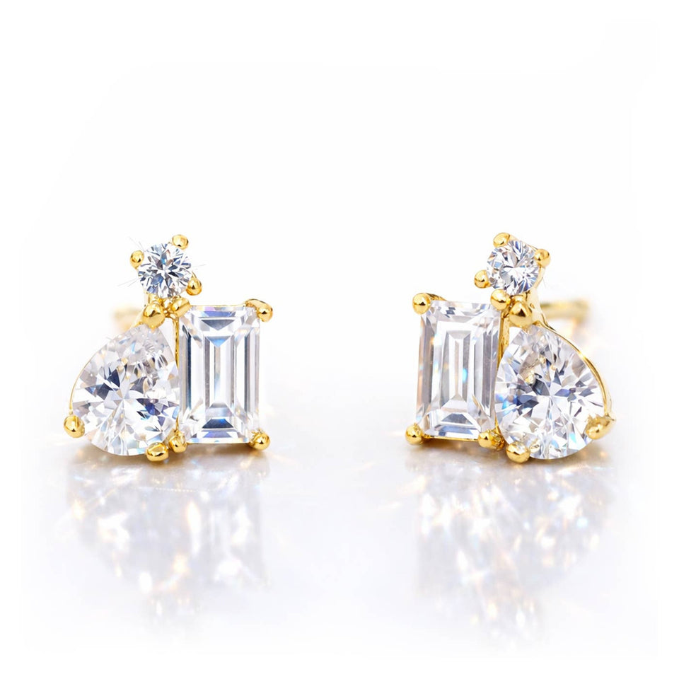 Gold CZ cluster stud earrings with pear, baguette and round cubic zirconia stones