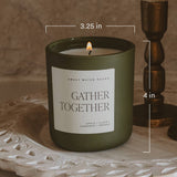 Sweet Water Decor Gather Together 15oz soy candle with dimensions showing 3.25 inch width and 4 inch height