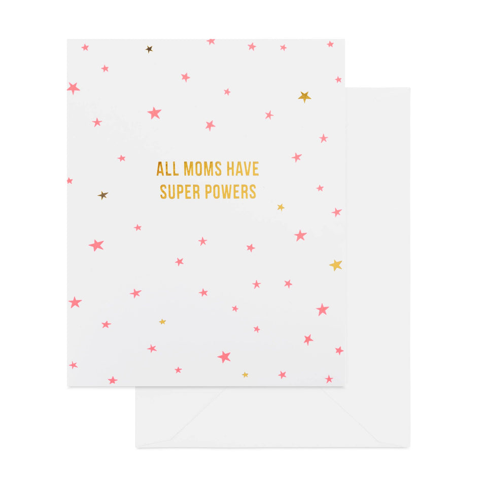 Card with 'All moms have superpowers' text and star patterns on a white background