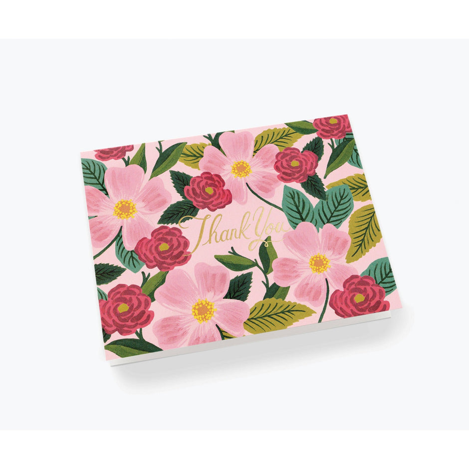 Rifle Paper Co. Rose Garden Thank You Card with pink flowers and gold text on white background