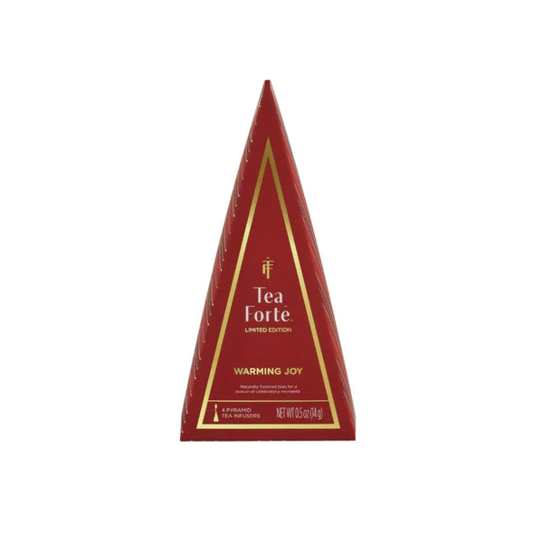 Tea Forte Warming Joy Limited Edition pyramid tea infusers box, red packaging with gold accents