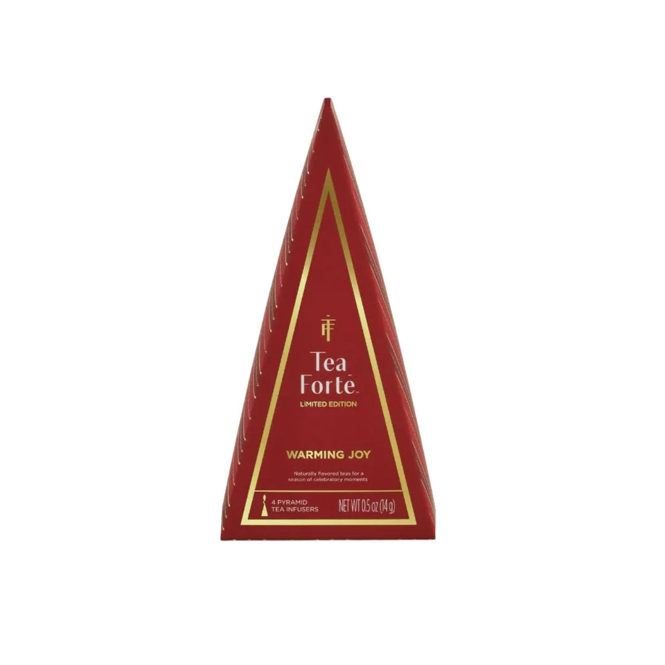 Tea Forte Warming Joy Limited Edition pyramid tea infusers box, red packaging with gold accents
