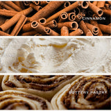 Cinnamon rolls soy candle ingredients: cinnamon sticks, icing, and buttery pastry