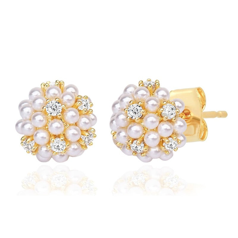 Tai Jewelry tiny pearl and CZ cluster stud earrings in gold with white pearls