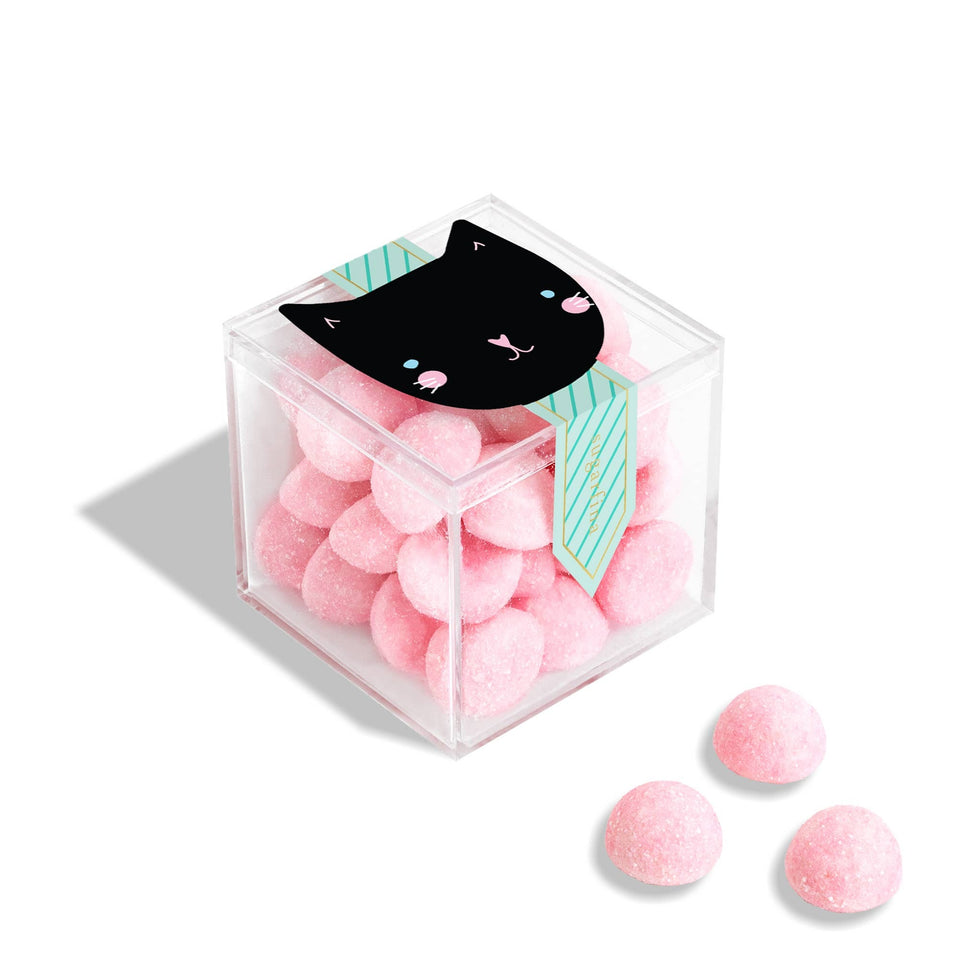 Sugarfina cat-shaped pink bonbons in clear acrylic box with cute black cat lid design