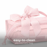 Ballet pink jelly cosmetic bag with bow, labeled easy-to-clean