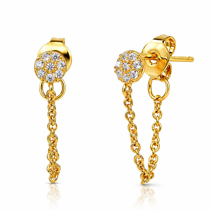 Gold circle and chain CZ stud earrings with crystal pavé detailing and dangling chain links