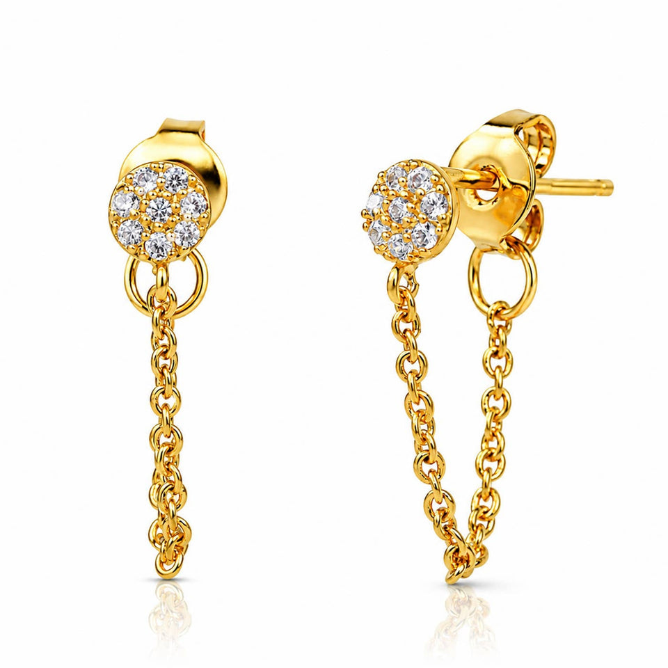 Gold circle and chain CZ stud earrings with crystal pavé detailing and dangling chain links