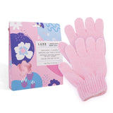 CAIT + CO pink exfoliating body gloves with packaging on white background