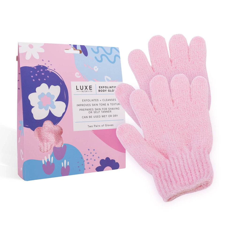CAIT + CO pink exfoliating body gloves with packaging on white background