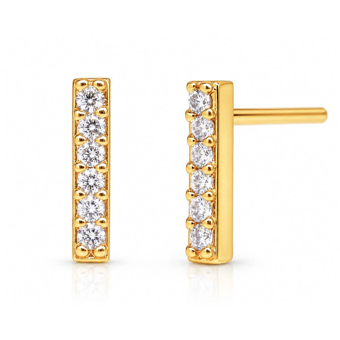 Gold pave stick post earrings with round cubic zirconia stones on white background