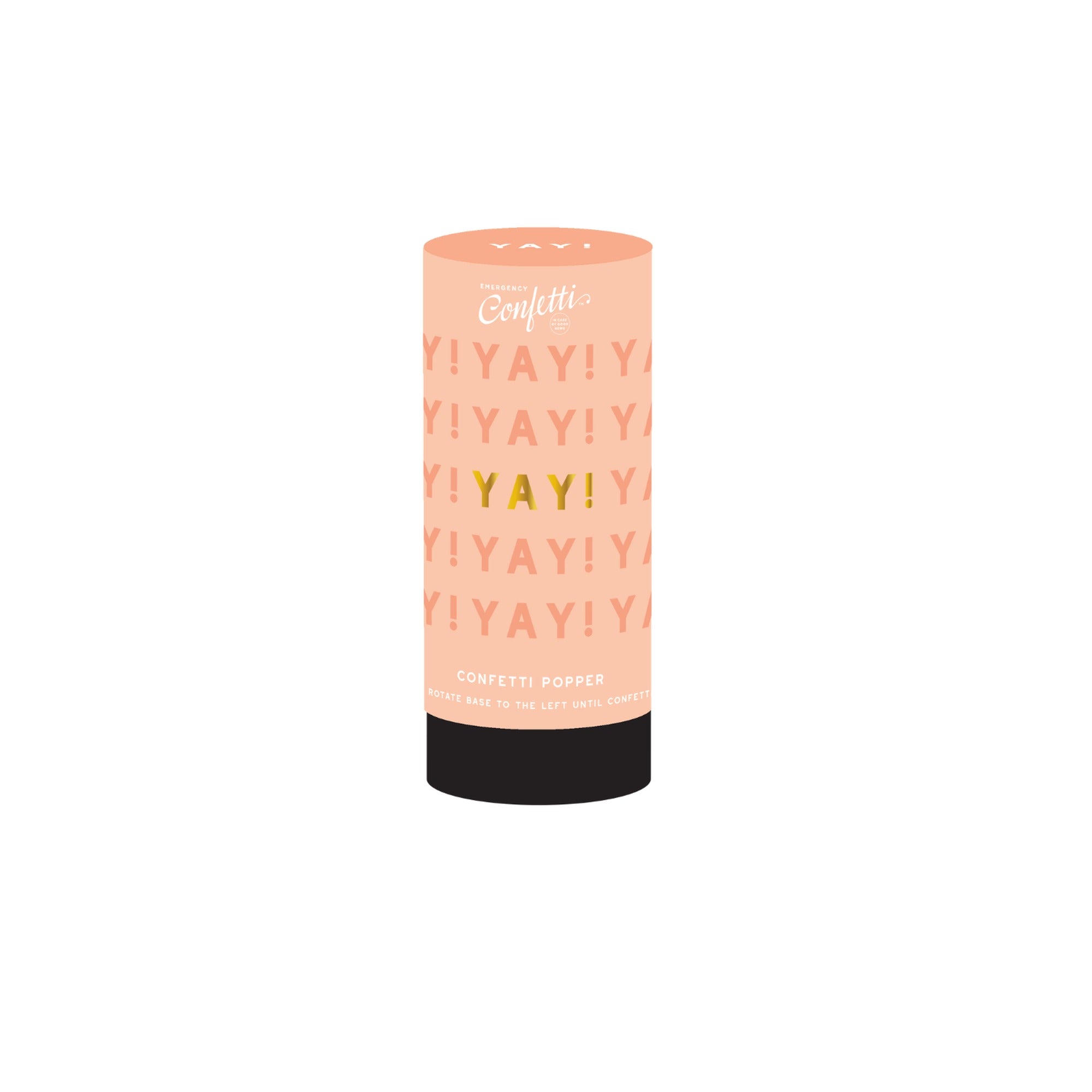 Emergency Confetti YAY Confetti Popper in peach with gold lettering on white background
