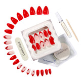 Red and white false nails with a display stand and disinfection wipes on a white background