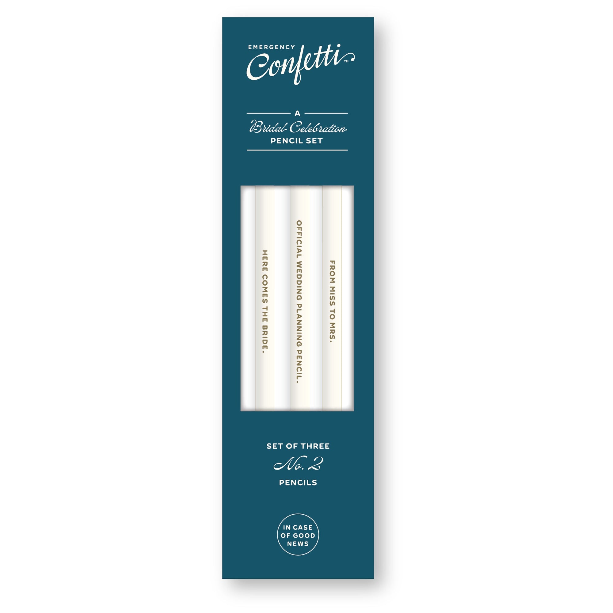 Emergency Confetti bridal celebration pencil set of 3 with wedding-themed text designs on teal packaging