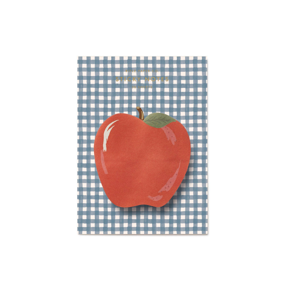 Rifle Paper Co. Apple Gingham Sticky Notes with red apple illustration on blue checkered background