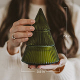 Fraser Fir soy candle in glass tree jar with dimensions: 7.4 in height, 3.9 in width