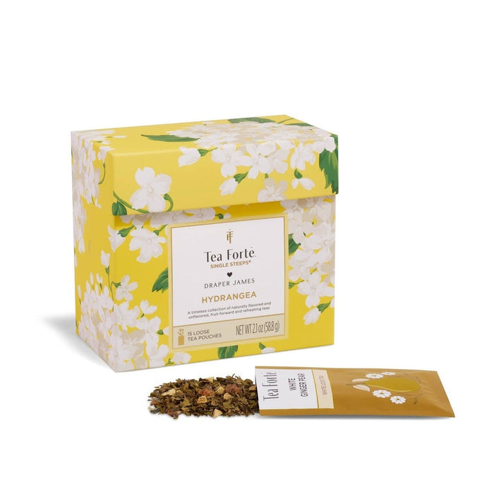Tea Forte Hydrangea Single Steeps tea box with loose leaf tea pouch on white background