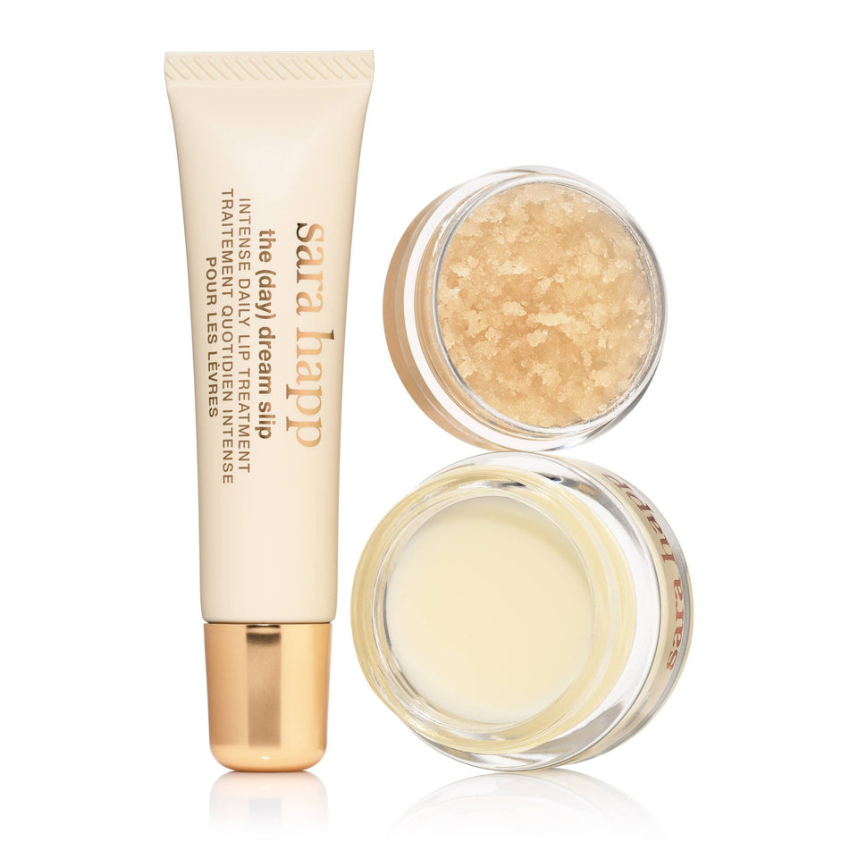 Sara Happ Dreamy Lip Kit with lip scrub, balm, and treatment on white background