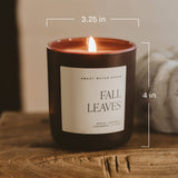 Fall Leaves 15 oz soy candle with dimensions: 3.25 in wide, 4 in tall, matte brown jar