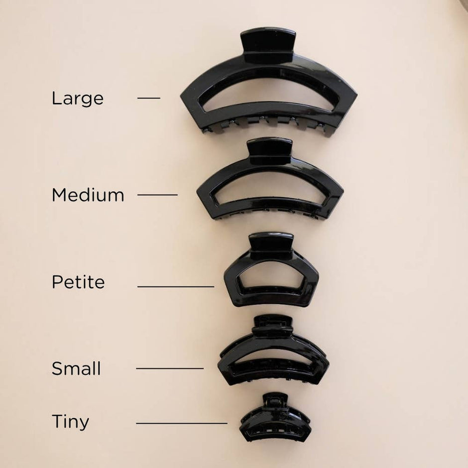 TELETIES Open Jet Black hair clips in 5 sizes: Large, Medium, Petite, Small, and Tiny