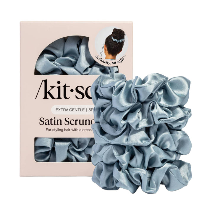Kitsch Satin Sleep Scrunchies 5pc set in Haze Blue with packaging and product details