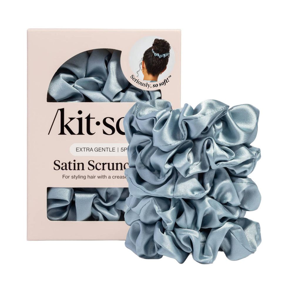Kitsch Satin Sleep Scrunchies 5pc set in Haze Blue with packaging and product details