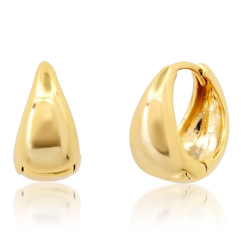 Gold tapered huggie earrings shown front and side view on white background