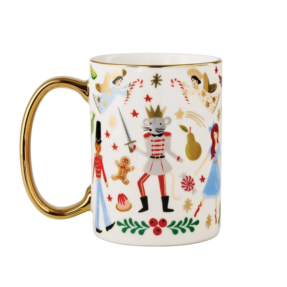 Rifle Paper Co. Nutcracker Porcelain Mug with festive holiday design and gold handle