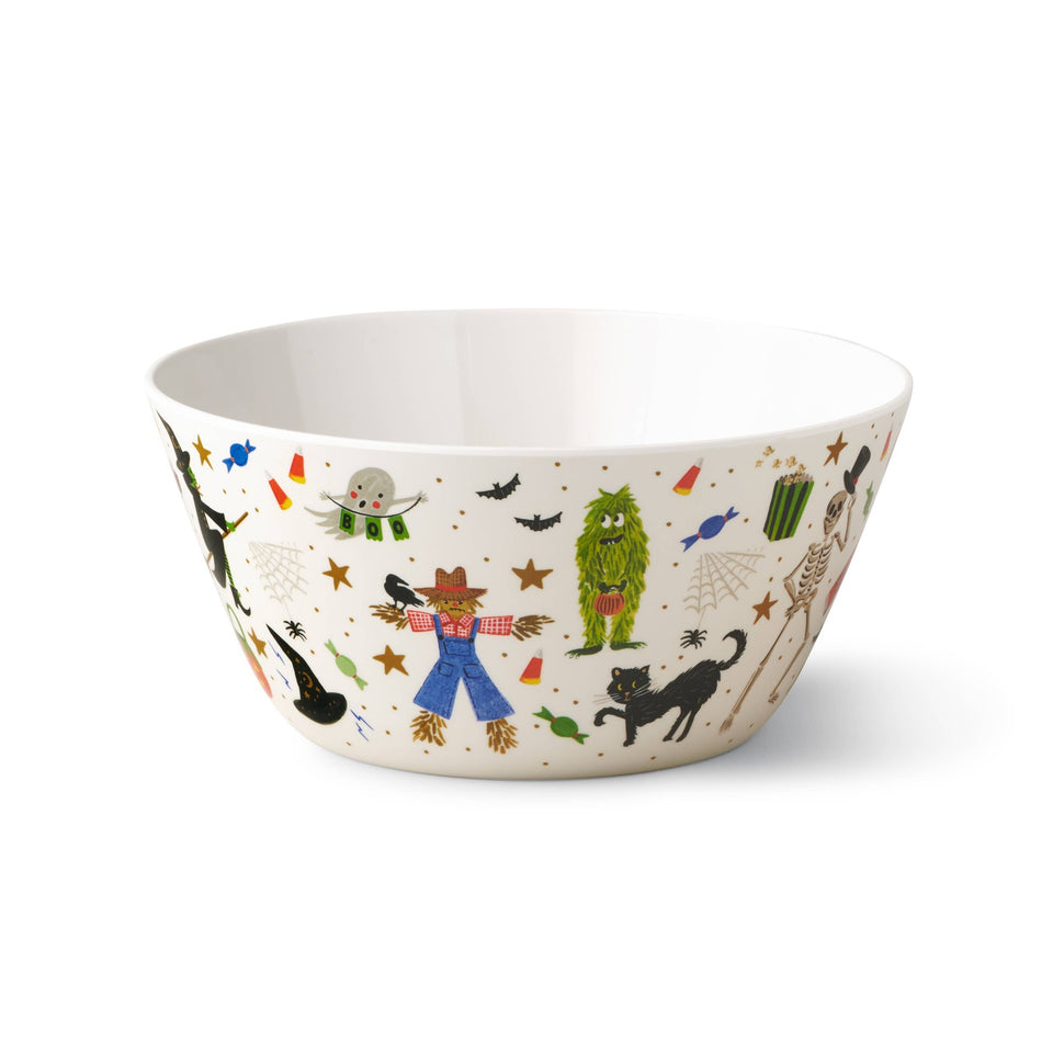 Rifle Paper Co. Halloween Parade melamine serving bowl with colorful holiday illustrations on white background