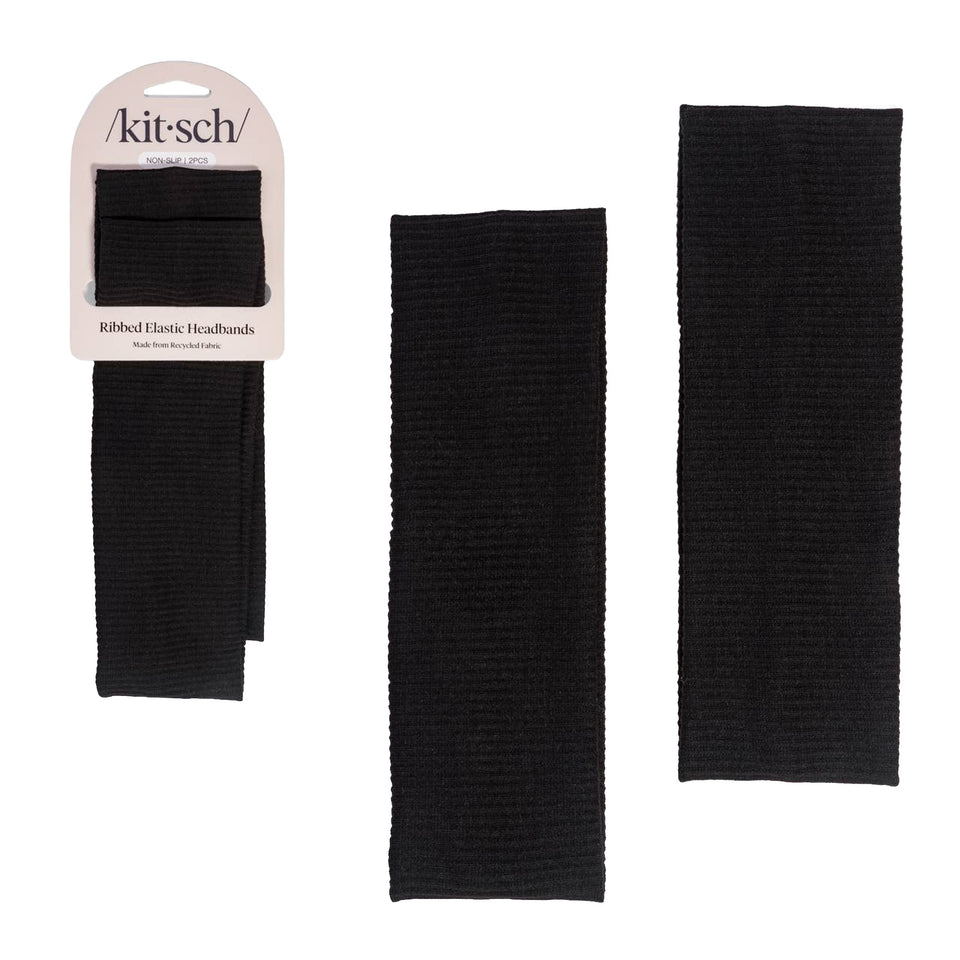 KITSCH | Recycled Fabric Ribbed Elastic Headbands 2pc Set - Black