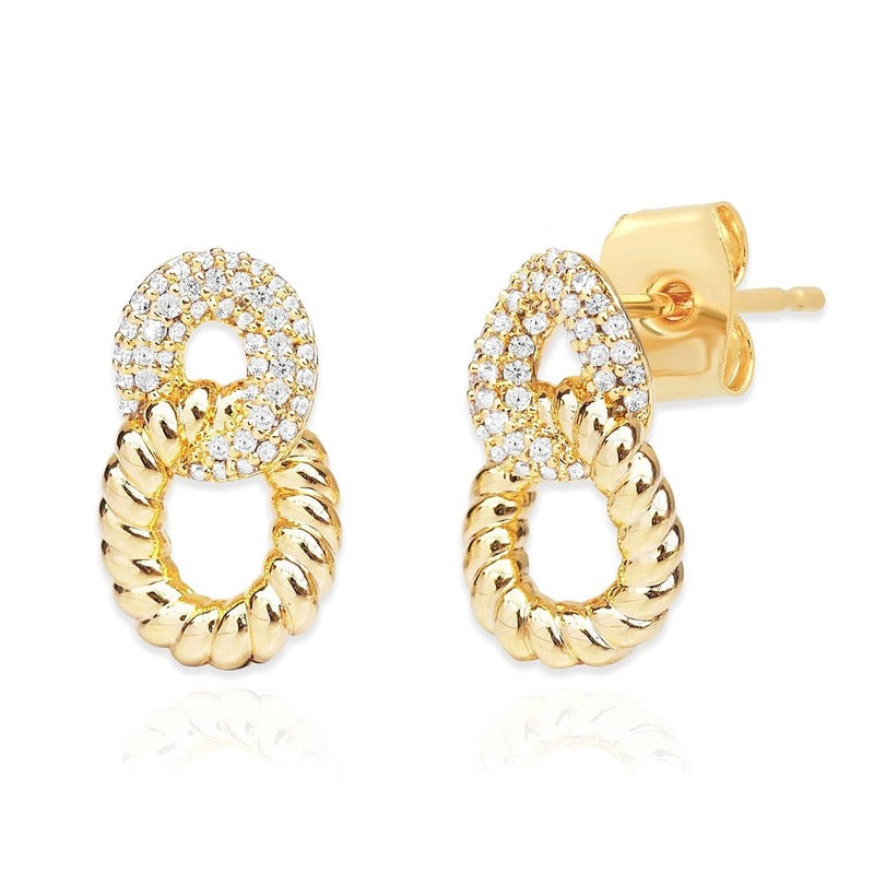 Gold pave and rope link stud earrings with cubic zirconia crystals on white background