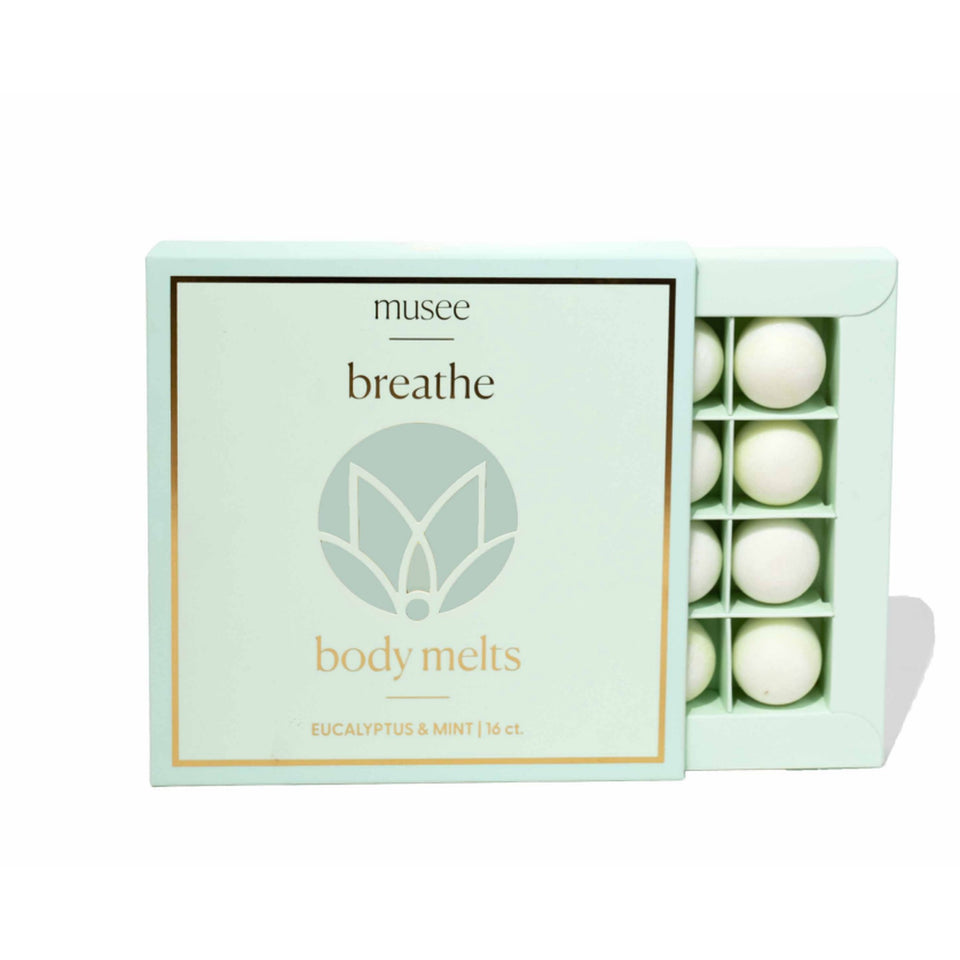 Musee Breathe Body Melts in Eucalyptus & Mint scent with 16 white wax melts in packaging