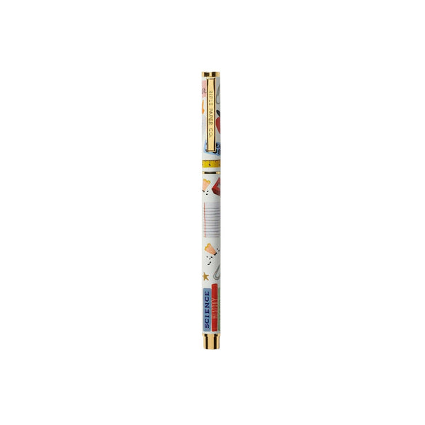 Rifle Paper Co. Schoolhouse Pen with gold trim and colorful educational design on white background