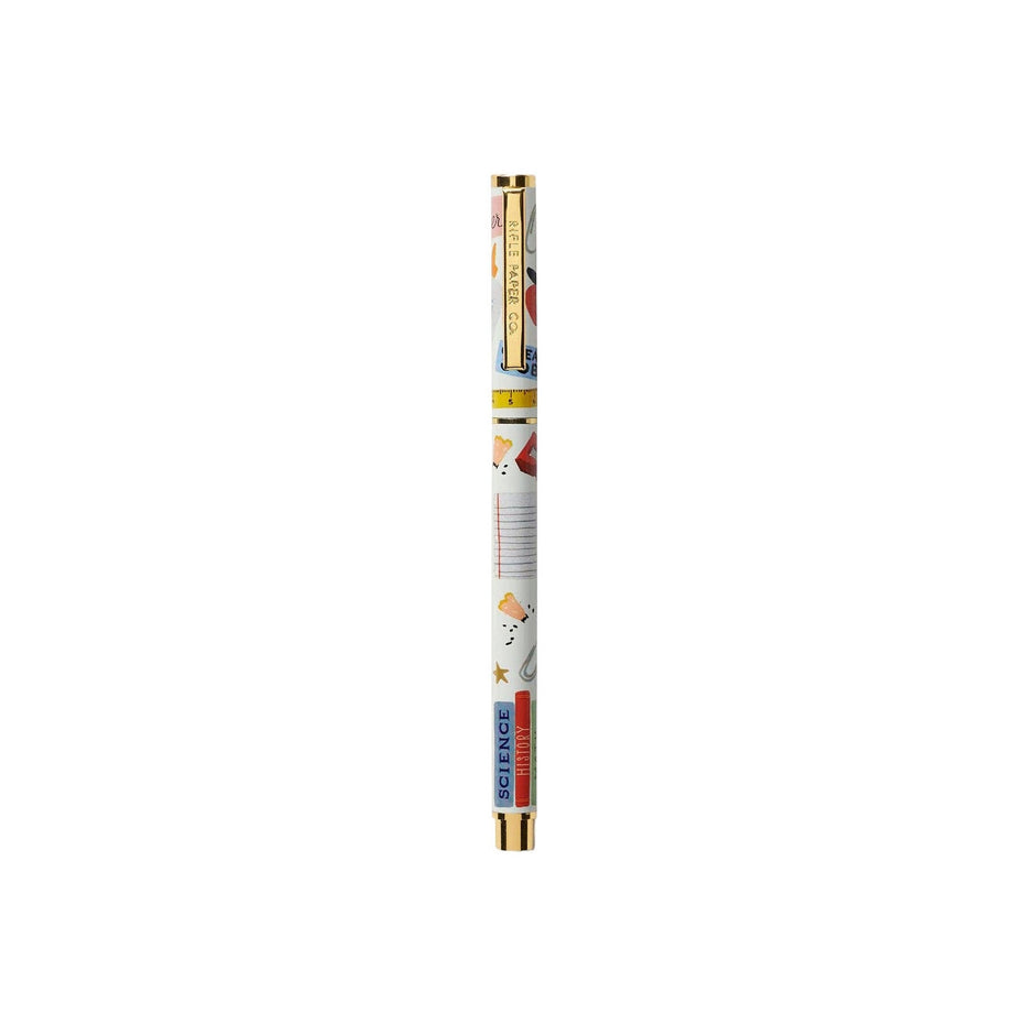 Rifle Paper Co. Schoolhouse Pen with gold trim and colorful educational design on white background