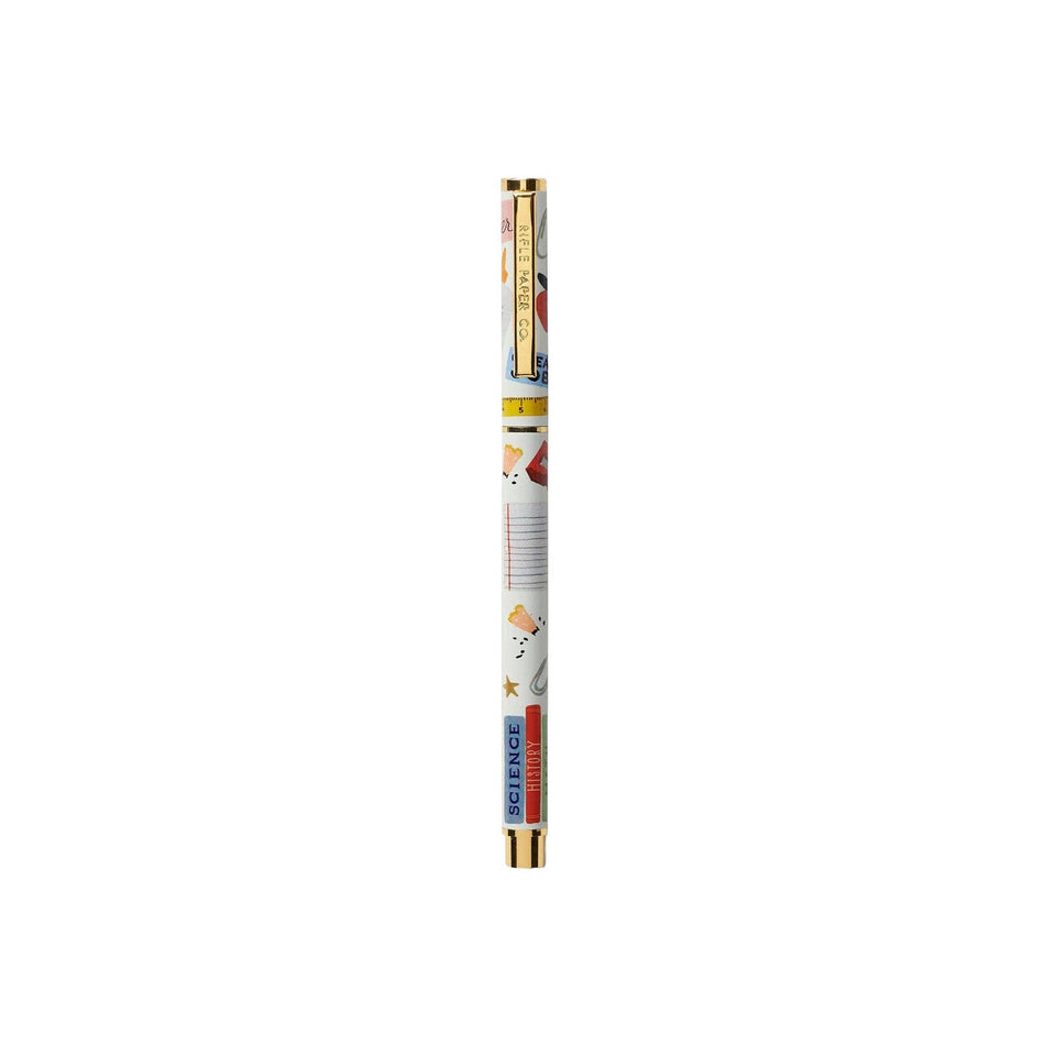 Rifle Paper Co. Schoolhouse Pen with gold trim and colorful educational design on white background