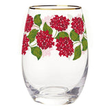 Red Hydrangea wine glass with gold rim and green leaves on clear glass
