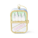 Gold glitter sardine can ornament with white ceramic sardines and pink text label