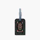 Rifle Paper Co. Rosette black luggage tag with floral embroidered design and blue strap