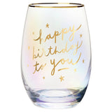 Gold foil stemless wine glass with 'Happy Birthday to You' message and stars design