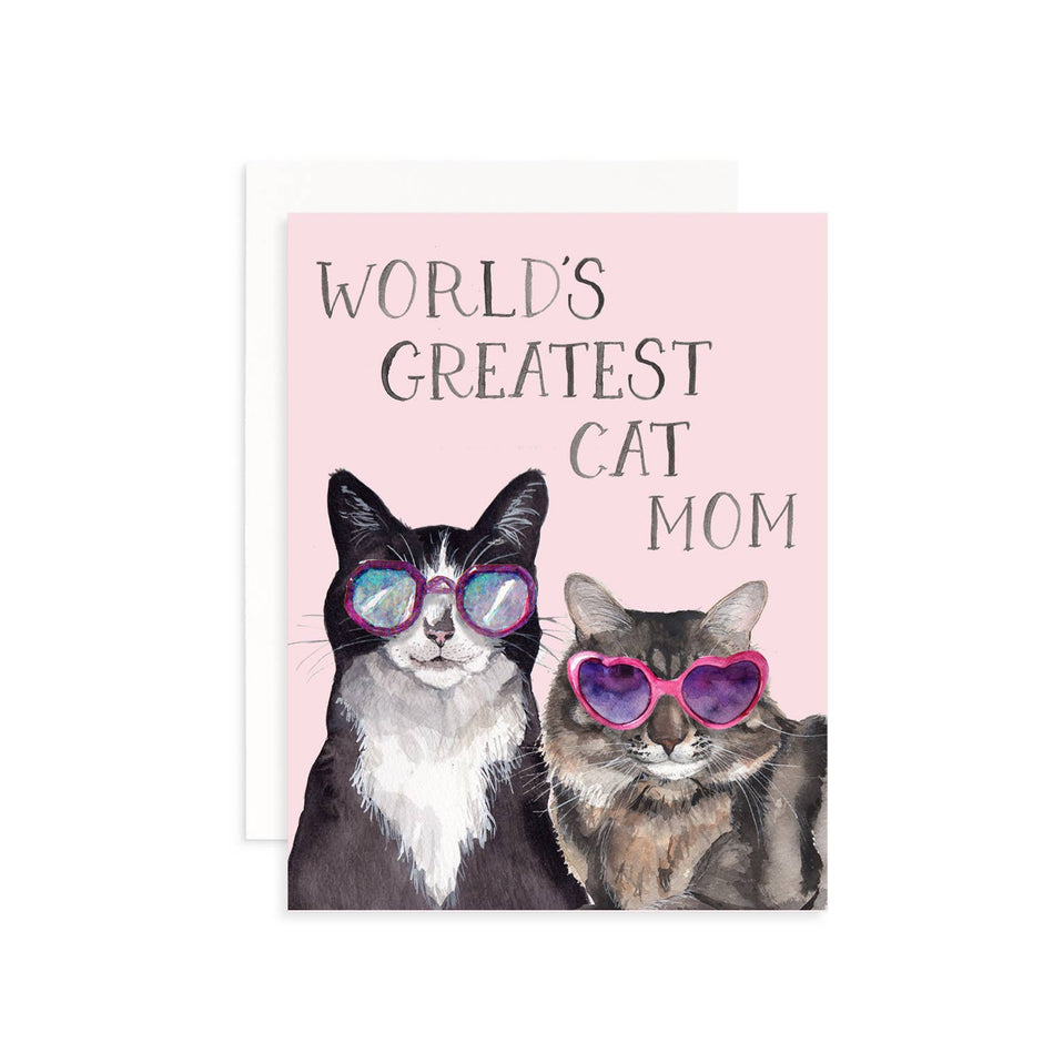 Card with two cats wearing sunglasses and 'World's Greatest Cat Mom' text on a pink background