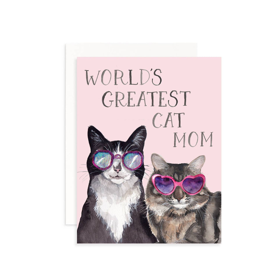 Card with two cats wearing sunglasses and 'World's Greatest Cat Mom' text on a pink background