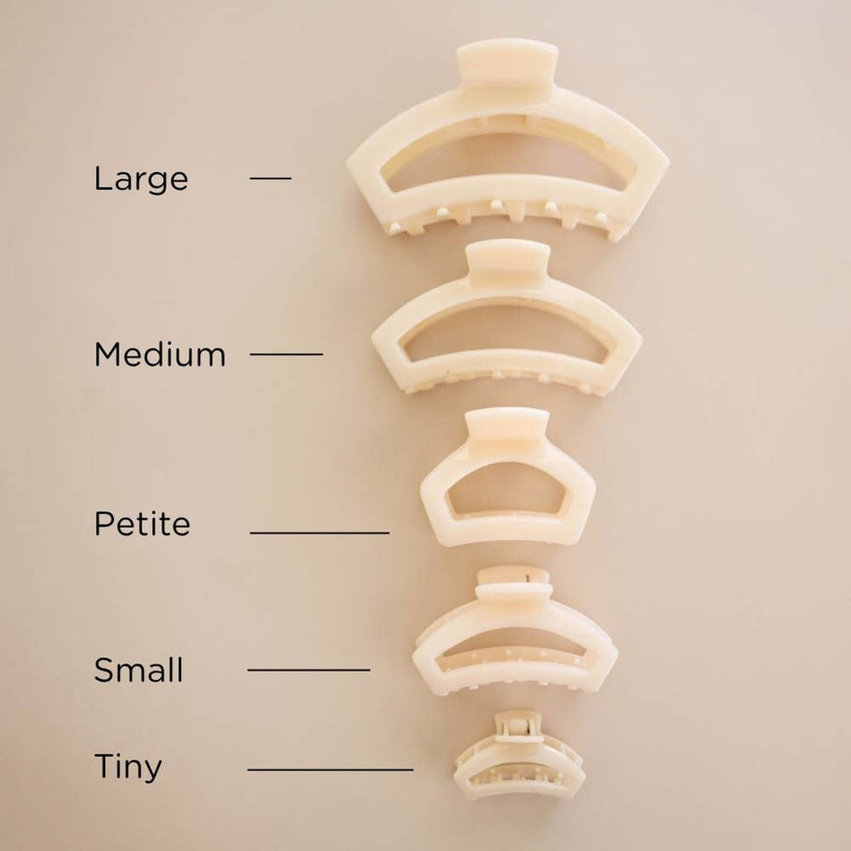 TELETIES hair clip size guide showing Large, Medium, Petite, Small, and Tiny options in Almond Beige