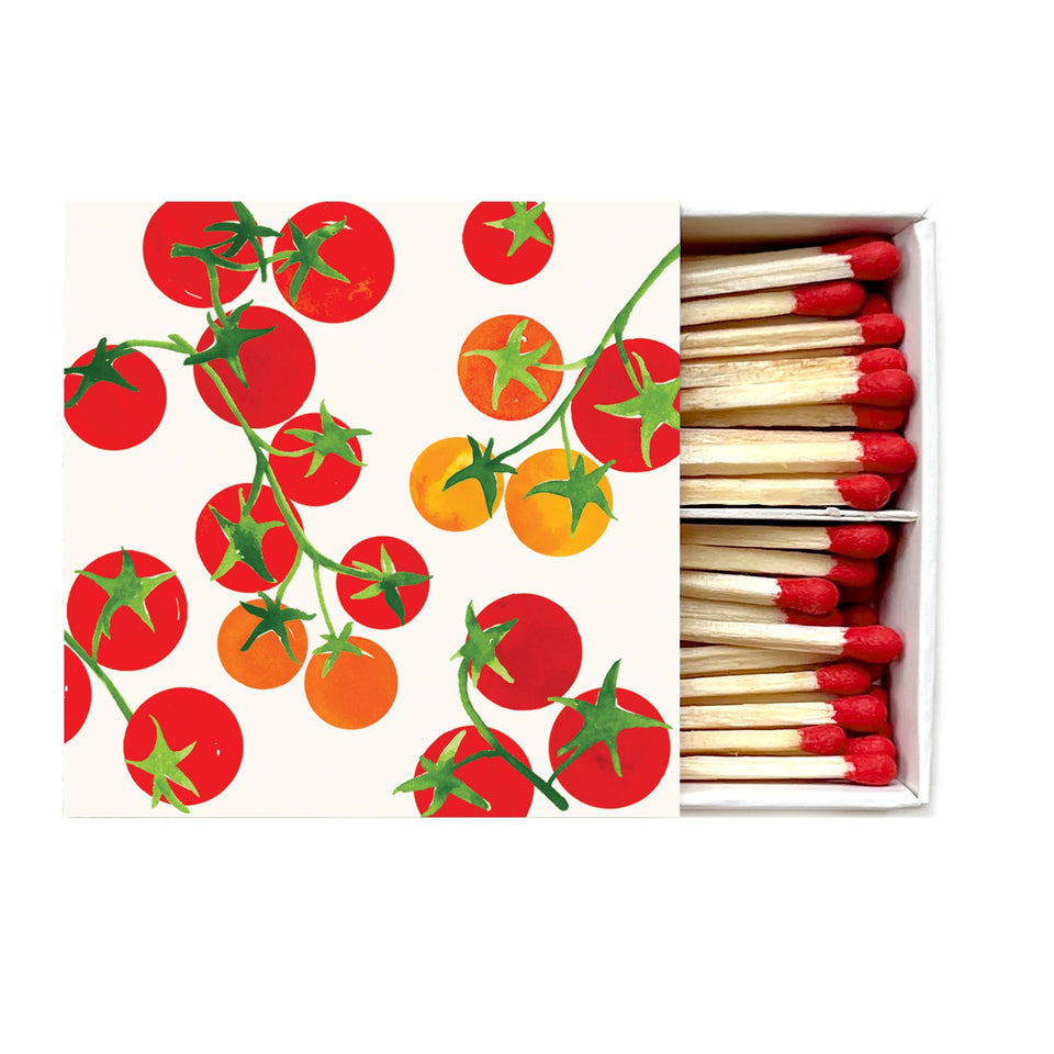 Tomato Matches Celebration Birthday Candle Matches box with illustrated tomato vine design and wooden matches